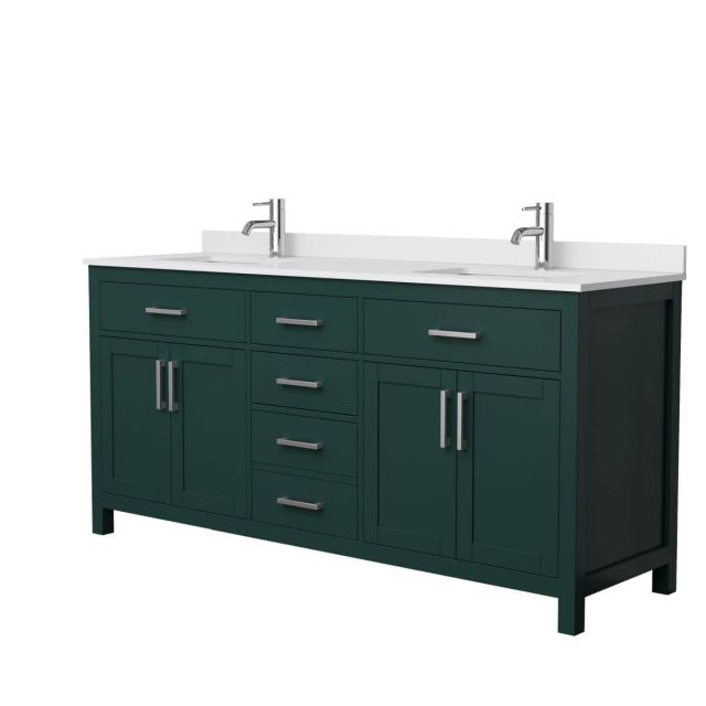 Wyndham Collection Beckett 72 inch Double Bathroom Vanity in Green with White Cultured Marble Countertop, Undermount Square Sinks and Brushed Nickel Trim - WCG242472DGEWCUNSMXX