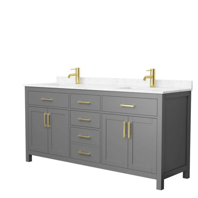 Wyndham Collection Beckett 72 inch Double Bathroom Vanity in Dark Gray with Carrara Cultured Marble Countertop, Undermount Square Sinks and Brushed Gold Trim - WCG242472DGGCCUNSMXX