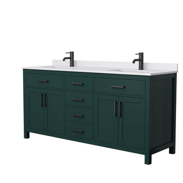 Wyndham Collection Beckett 72 inch Double Bathroom Vanity in Green with White Cultured Marble Countertop, Undermount Square Sinks and Matte Black Trim - WCG242472DGKWCUNSMXX