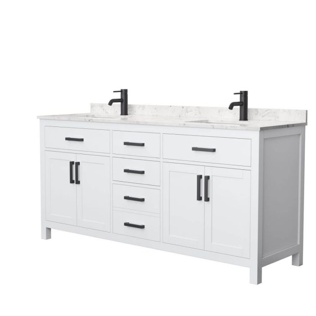 Wyndham Collection Beckett 72 inch Double Bathroom Vanity in White with Carrara Cultured Marble Countertop, Undermount Square Sinks and Matte Black Trim - WCG242472DWBCCUNSMXX
