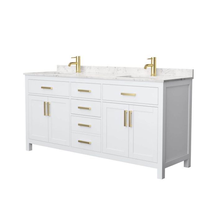 Wyndham Collection Beckett 72 inch Double Bathroom Vanity in White with Carrara Cultured Marble Countertop, Undermount Square Sinks and Brushed Gold Trim - WCG242472DWGCCUNSMXX