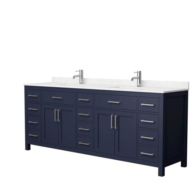 Wyndham Collection Beckett 84 inch Double Bathroom Vanity in Dark Blue with Carrara Cultured Marble Countertop, Undermount Square Sinks and Brushed Nickel Trim - WCG242484DBNCCUNSMXX
