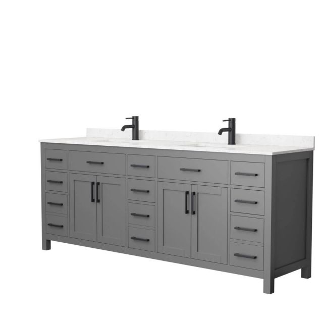 Wyndham Collection Beckett 84 inch Double Bathroom Vanity in Dark Gray with Carrara Cultured Marble Countertop, Undermount Square Sinks and Matte Black Trim - WCG242484DGBCCUNSMXX