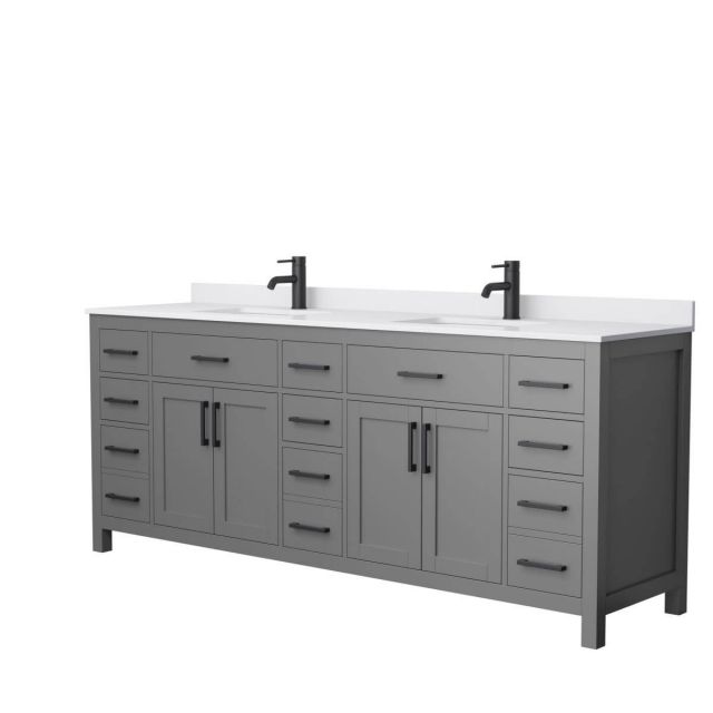 Wyndham Collection Beckett 84 inch Double Bathroom Vanity in Dark Gray with White Cultured Marble Countertop, Undermount Square Sinks and Matte Black Trim - WCG242484DGBWCUNSMXX