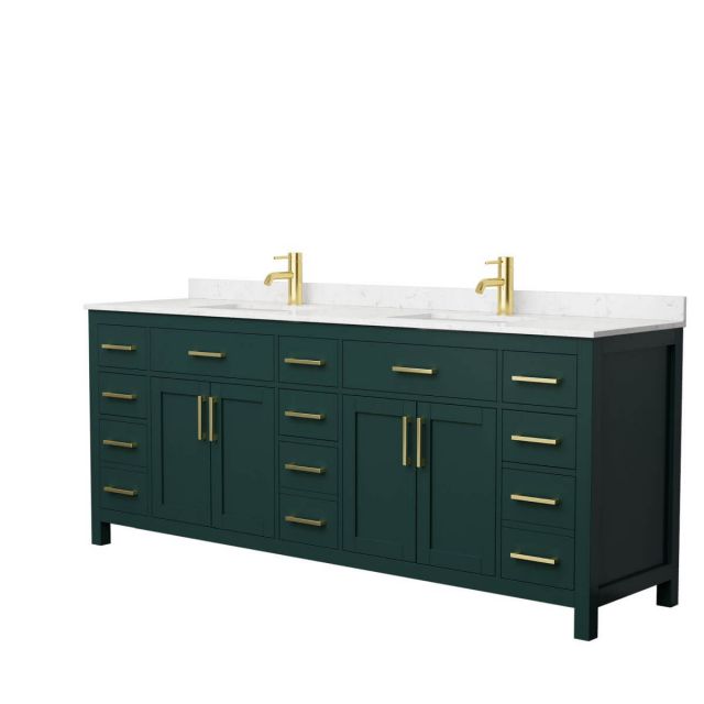 Wyndham Collection Beckett 84 inch Double Bathroom Vanity in Green with Carrara Cultured Marble Countertop, Undermount Square Sinks and Brushed Gold Trim - WCG242484DGDCCUNSMXX