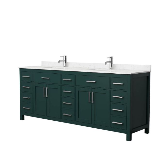 Wyndham Collection Beckett 84 inch Double Bathroom Vanity in Green with Carrara Cultured Marble Countertop, Undermount Square Sinks and Brushed Nickel Trim - WCG242484DGECCUNSMXX