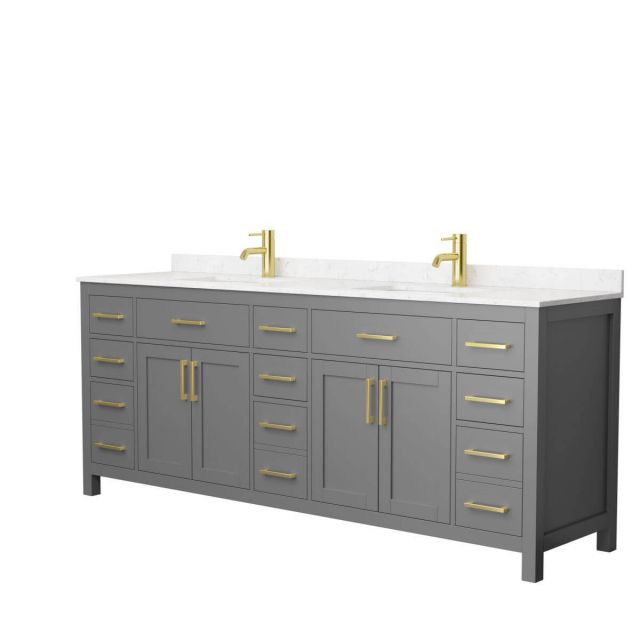 Wyndham Collection Beckett 84 inch Double Bathroom Vanity in Dark Gray with Carrara Cultured Marble Countertop, Undermount Square Sinks and Brushed Gold Trim - WCG242484DGGCCUNSMXX