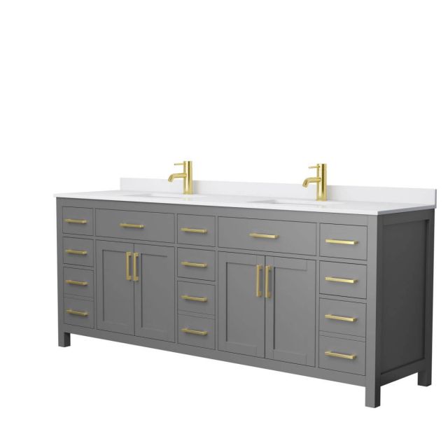 Wyndham Collection Beckett 84 inch Double Bathroom Vanity in Dark Gray with White Cultured Marble Countertop, Undermount Square Sinks and Brushed Gold Trim - WCG242484DGGWCUNSMXX