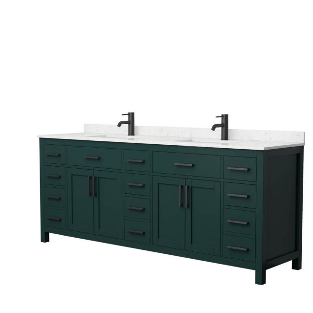 Wyndham Collection Beckett 84 inch Double Bathroom Vanity in Green with Carrara Cultured Marble Countertop, Undermount Square Sinks and Matte Black Trim - WCG242484DGKCCUNSMXX