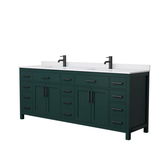Wyndham Collection Beckett 84 inch Double Bathroom Vanity in Green with White Cultured Marble Countertop, Undermount Square Sinks and Matte Black Trim - WCG242484DGKWCUNSMXX