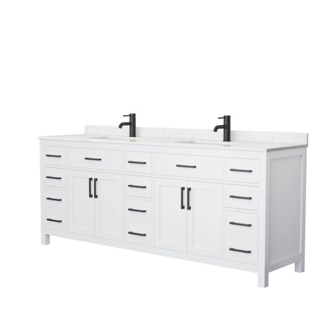 Wyndham Collection Beckett 84 inch Double Bathroom Vanity in White with Carrara Cultured Marble Countertop, Undermount Square Sinks and Matte Black Trim - WCG242484DWBCCUNSMXX