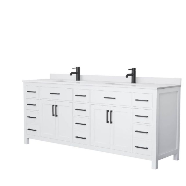Wyndham Collection Beckett 84 inch Double Bathroom Vanity in White with White Cultured Marble Countertop, Undermount Square Sinks and Matte Black Trim - WCG242484DWBWCUNSMXX