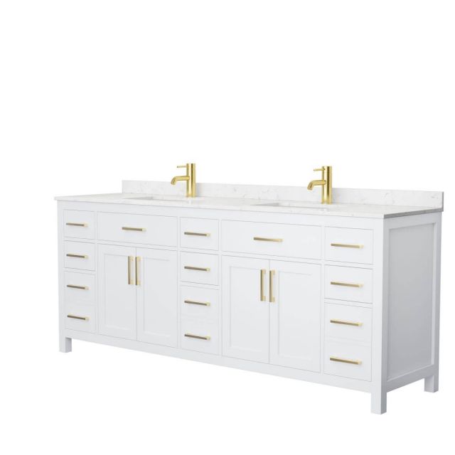 Wyndham Collection Beckett 84 inch Double Bathroom Vanity in White with Carrara Cultured Marble Countertop, Undermount Square Sinks and Brushed Gold Trim - WCG242484DWGCCUNSMXX