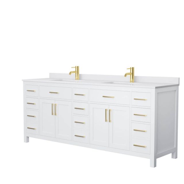 Wyndham Collection Beckett 84 inch Double Bathroom Vanity in White with White Cultured Marble Countertop, Undermount Square Sinks and Brushed Gold Trim - WCG242484DWGWCUNSMXX