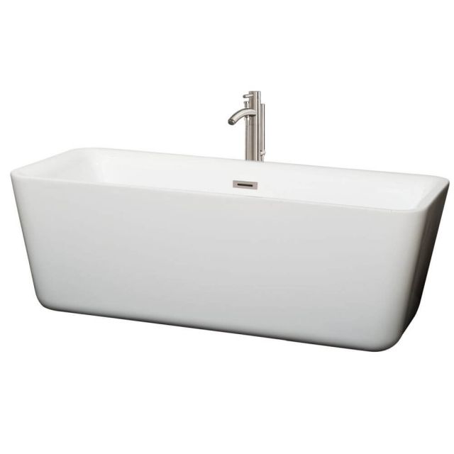 Wyndham Collection Emily 69 Inch Center Drain Soaking Tub In White with Floor Mounted Faucet In Brushed Nickel - WCOBT100169ATP11BN