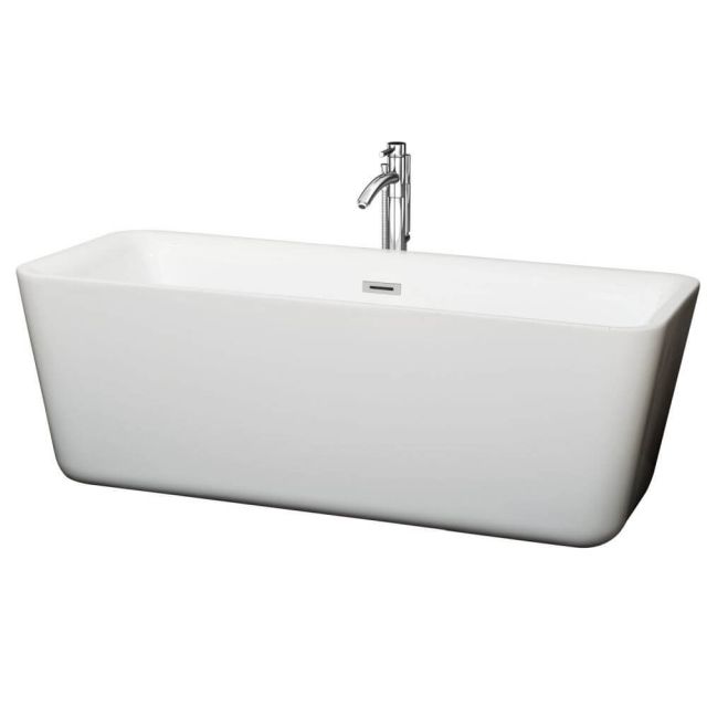 Wyndham Collection Emily 69 Inch Center Drain Soaking Tub In White with Floor Mounted Faucet In Chrome - WCOBT100169ATP11PC