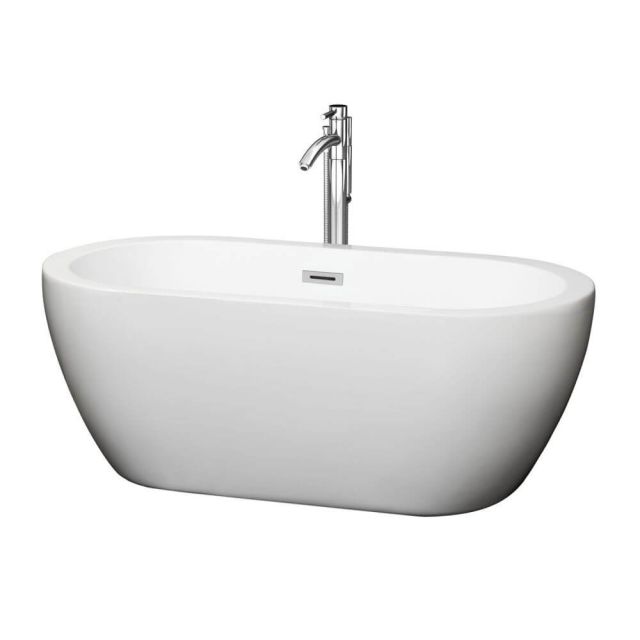 Wyndham Collection Soho 60 Inch Center Drain Soaking Tub In White with Floor Mounted Faucet In Chrome - WCOBT100260ATP11PC