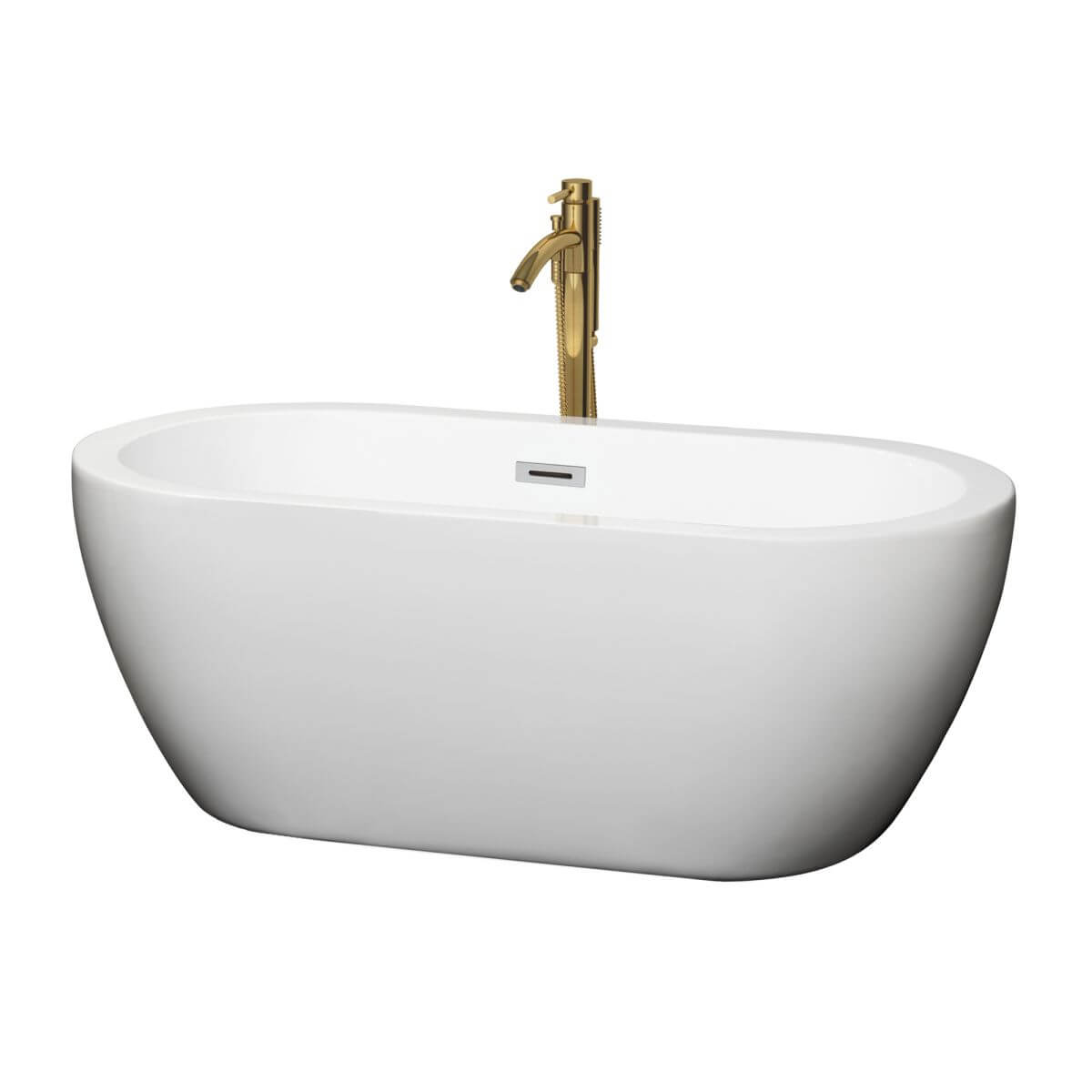 Wyndham Collection Soho 60 inch Freestanding Bathtub in White with Polished Chrome Trim and Floor Mounted Faucet in Brushed Gold - WCOBT100260PCATPGD