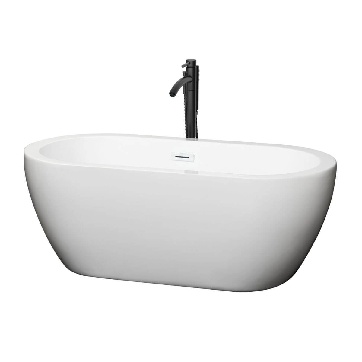Wyndham Collection Soho 60 inch Freestanding Bathtub in White with Shiny White Trim and Floor Mounted Faucet in Matte Black - WCOBT100260SWATPBK