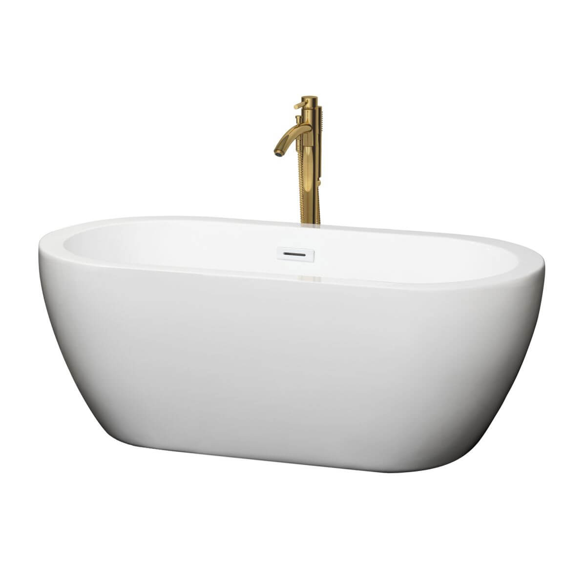 Wyndham Collection Soho 60 inch Freestanding Bathtub in White with Shiny White Trim and Floor Mounted Faucet in Brushed Gold - WCOBT100260SWATPGD