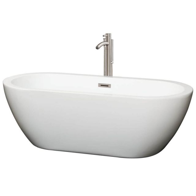 Wyndham Collection Soho 68 Inch Center Drain Soaking Tub In White with Floor Mounted Faucet In Brushed Nickel - WCOBT100268ATP11BN