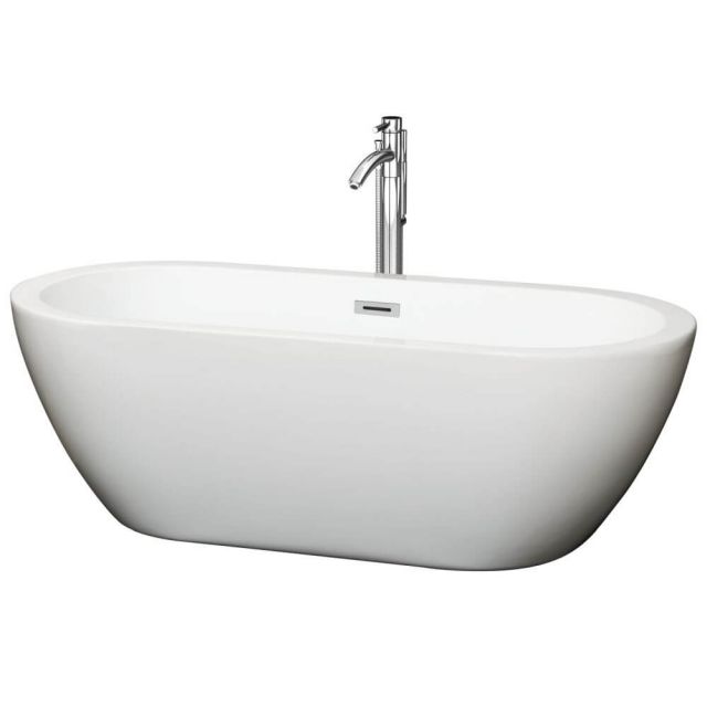 Wyndham Collection Soho 68 Inch Center Drain Soaking Tub In White with Floor Mounted Faucet In Chrome - WCOBT100268ATP11PC