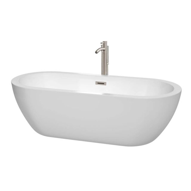 Wyndham Collection Soho 72 inch Freestanding Bathtub in White with Floor Mounted Faucet, Drain and Overflow Trim in Brushed Nickel - WCOBT100272ATP11BN