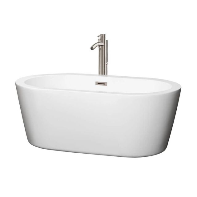 Wyndham Collection Mermaid 60 Inch Center Drain Soaking Tub In White with Floor Mounted Faucet In Brushed Nickel - WCOBT100360ATP11BN