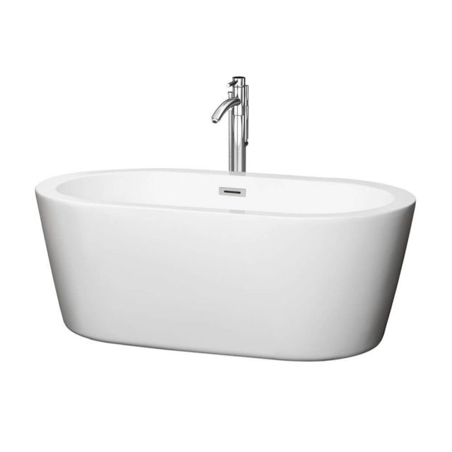Wyndham Collection Mermaid 60 Inch Center Drain Soaking Tub In White with Floor Mounted Faucet In Chrome - WCOBT100360ATP11PC
