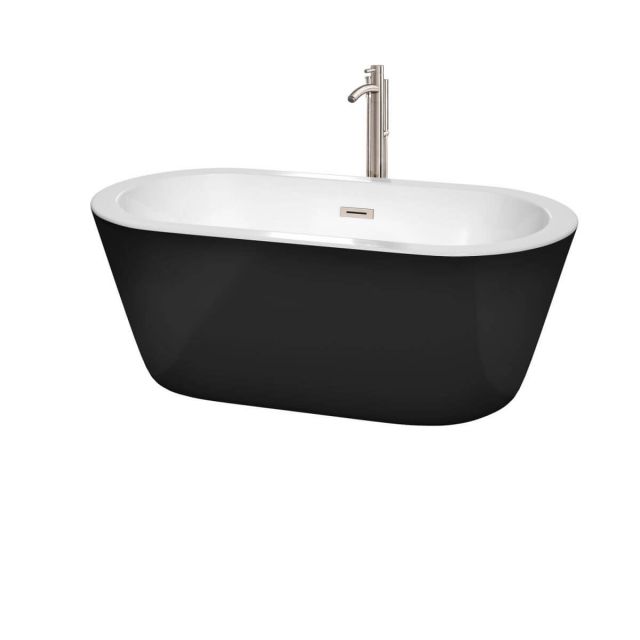Wyndham Collection Mermaid 60 inch Freestanding Bathtub in Black with White Interior, Floor Mounted Faucet, Drain and Overflow Trim in Brushed Nickel - WCOBT100360BKATP11BN