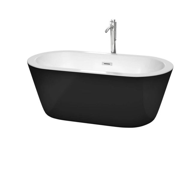 Wyndham Collection Mermaid 60 inch Freestanding Bathtub in Black with White Interior, Floor Mounted Faucet, Drain and Overflow Trim in Polished Chrome - WCOBT100360BKATP11PC