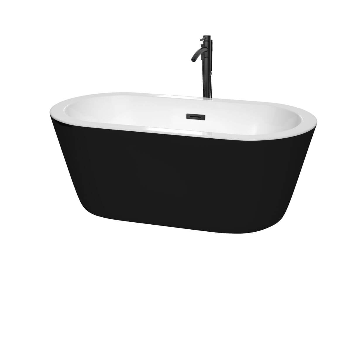 Wyndham Collection Mermaid 60 inch Freestanding Bathtub in Black with White Interior, Floor Mounted Faucet, Drain and Overflow Trim in Matte Black - WCOBT100360BKMBATPBK