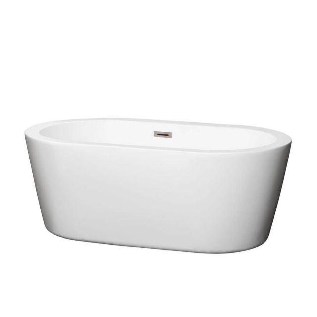 Wyndham Collection Mermaid 60 Inch Center Drain Soaking Tub In White with Brushed Nickel Drain - WCOBT100360BNTRIM