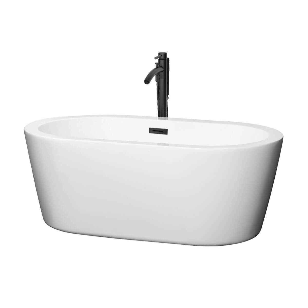 Wyndham Collection Mermaid 60 inch Freestanding Bathtub in White with Floor Mounted Faucet, Drain and Overflow Trim in Matte Black - WCOBT100360MBATPBK