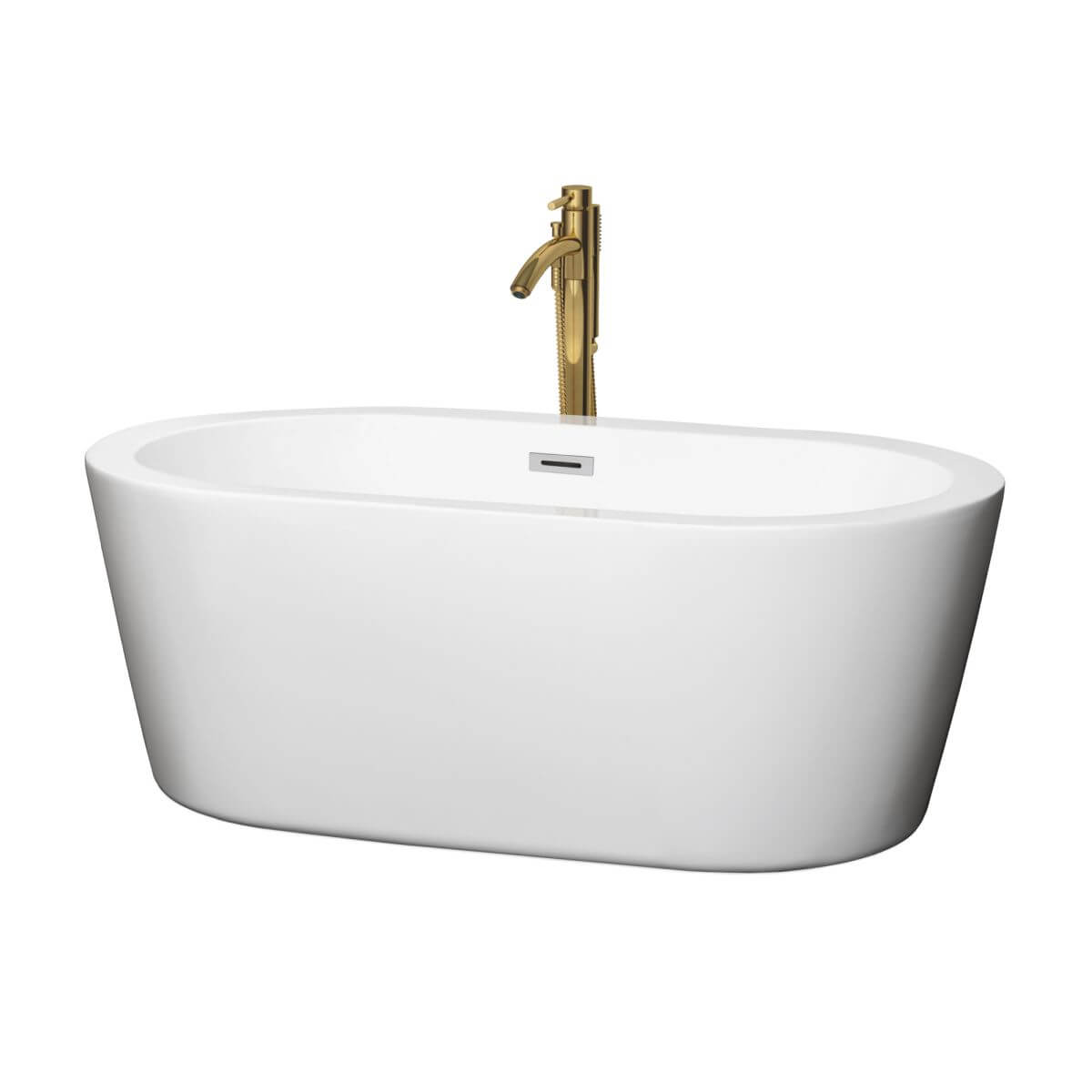 Wyndham Collection Mermaid 60 inch Freestanding Bathtub in White with Polished Chrome Trim and Floor Mounted Faucet in Brushed Gold - WCOBT100360PCATPGD
