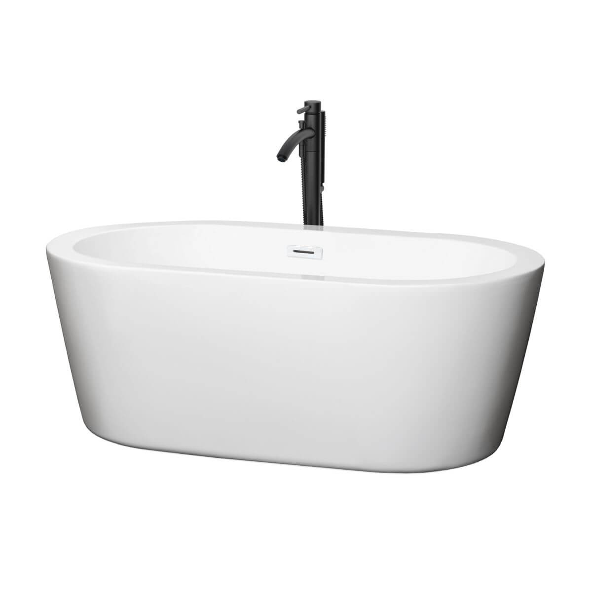 Wyndham Collection Mermaid 60 inch Freestanding Bathtub in White with Shiny White Trim and Floor Mounted Faucet in Matte Black - WCOBT100360SWATPBK