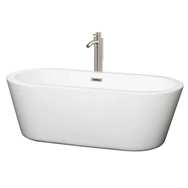 Wyndham Collection Mermaid 67 Inch Center Drain Soaking Tub In White with Floor Mounted Faucet In Brushed Nickel - WCOBT100367ATP11BN