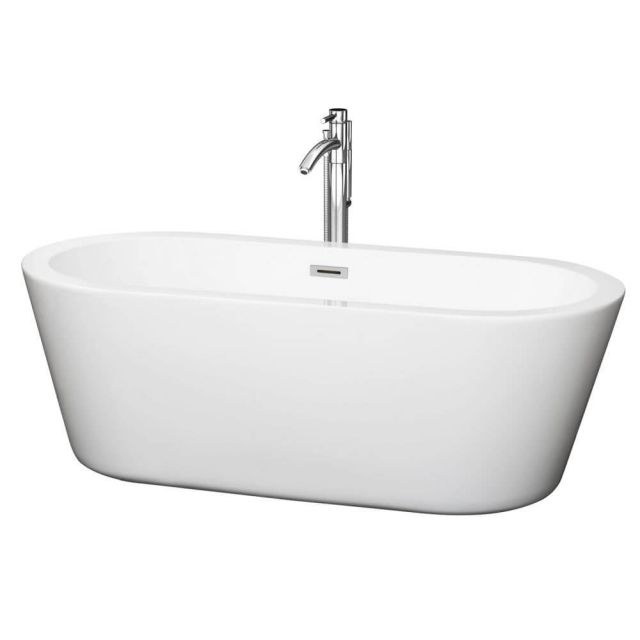 Wyndham Collection Mermaid 67 Inch Center Drain Soaking Tub In White with Floor Mounted Faucet In Chrome - WCOBT100367ATP11PC