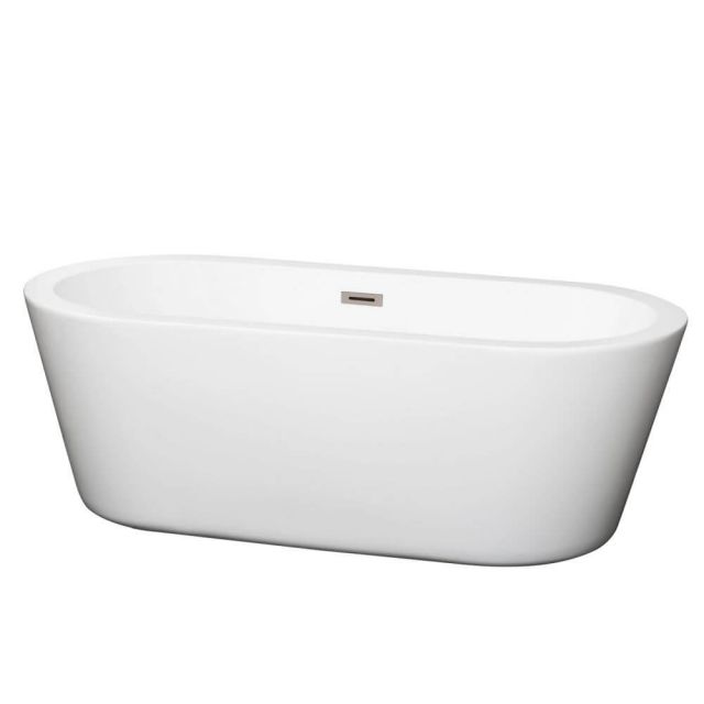 Wyndham Collection Mermaid 67 Inch Center Drain Soaking Tub In White with Brushed Nickel Drain - WCOBT100367BNTRIM