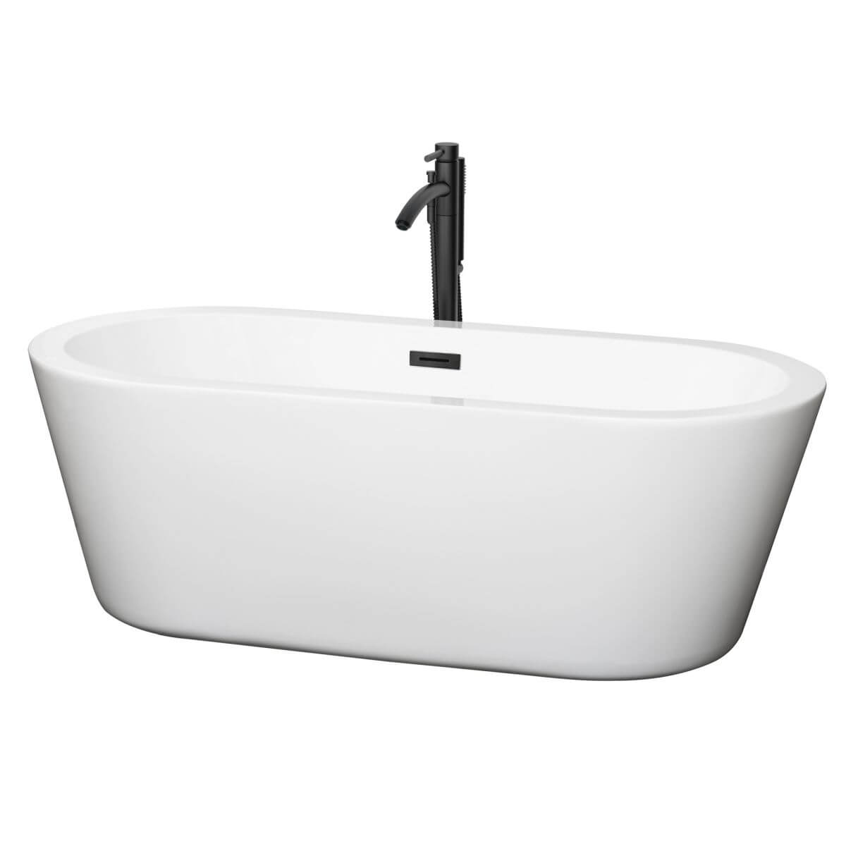 Wyndham Collection Mermaid 67 inch Freestanding Bathtub in White with Floor Mounted Faucet, Drain and Overflow Trim in Matte Black - WCOBT100367MBATPBK