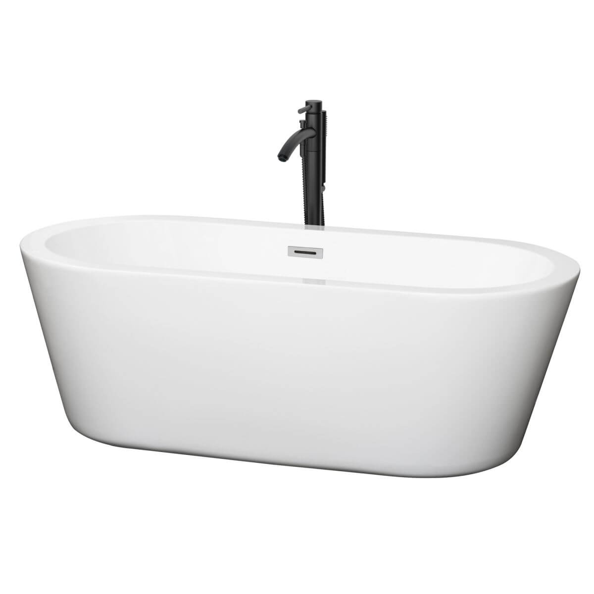Wyndham Collection Mermaid 67 inch Freestanding Bathtub in White with Polished Chrome Trim and Floor Mounted Faucet in Matte Black - WCOBT100367PCATPBK