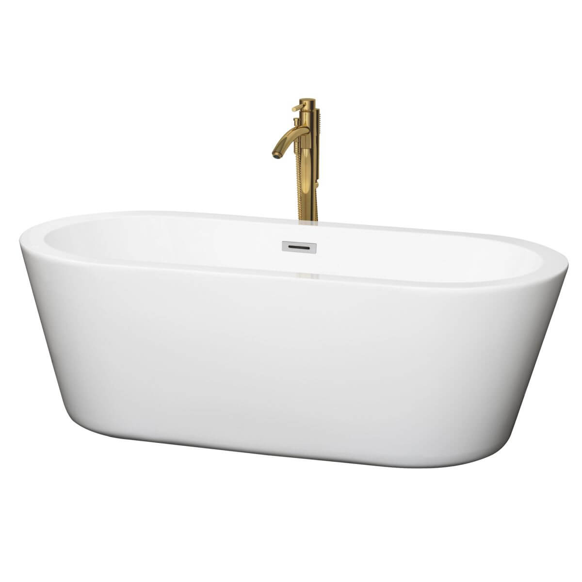 Wyndham Collection Mermaid 67 inch Freestanding Bathtub in White with Polished Chrome Trim and Floor Mounted Faucet in Brushed Gold - WCOBT100367PCATPGD