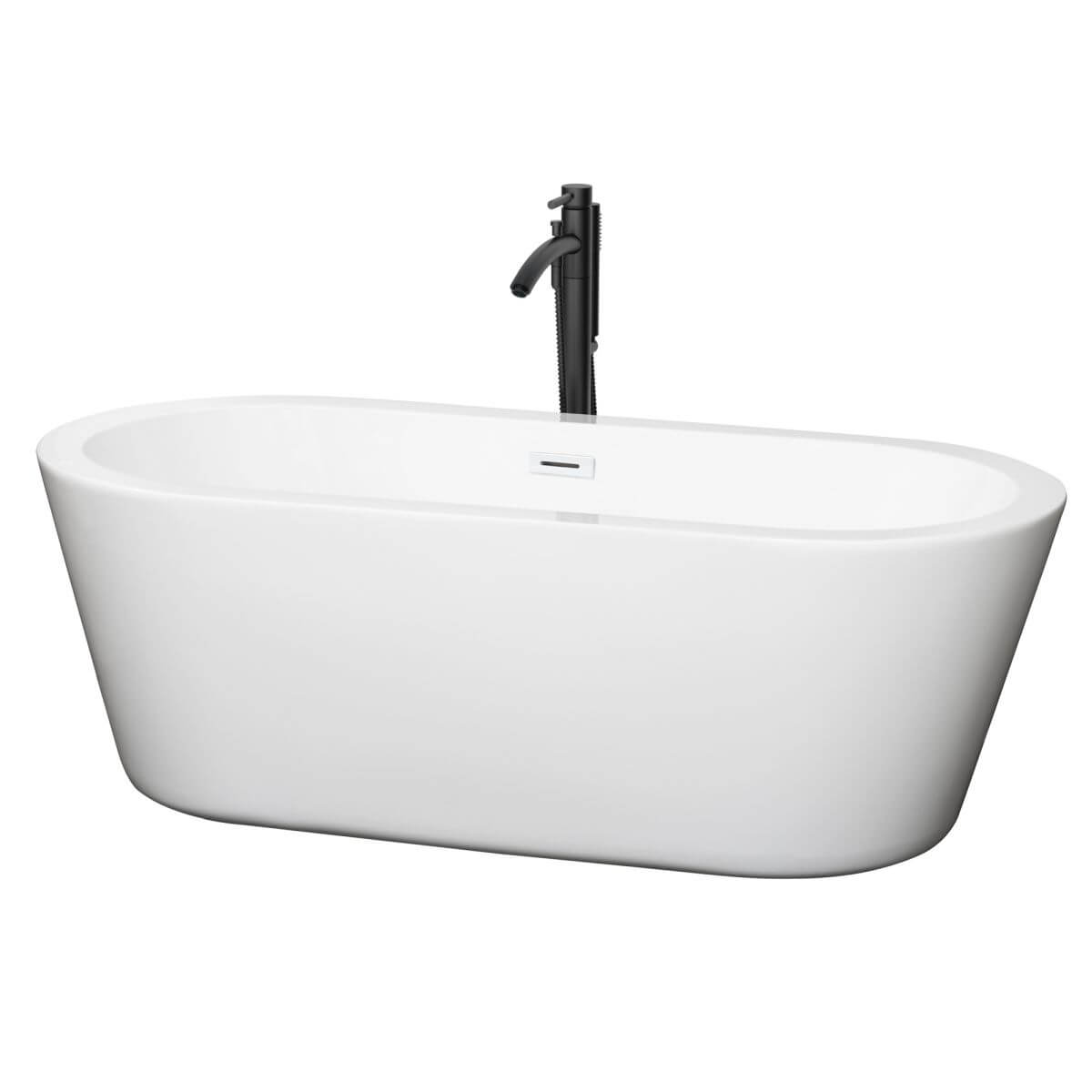 Wyndham Collection Mermaid 67 inch Freestanding Bathtub in White with Shiny White Trim and Floor Mounted Faucet in Matte Black - WCOBT100367SWATPBK