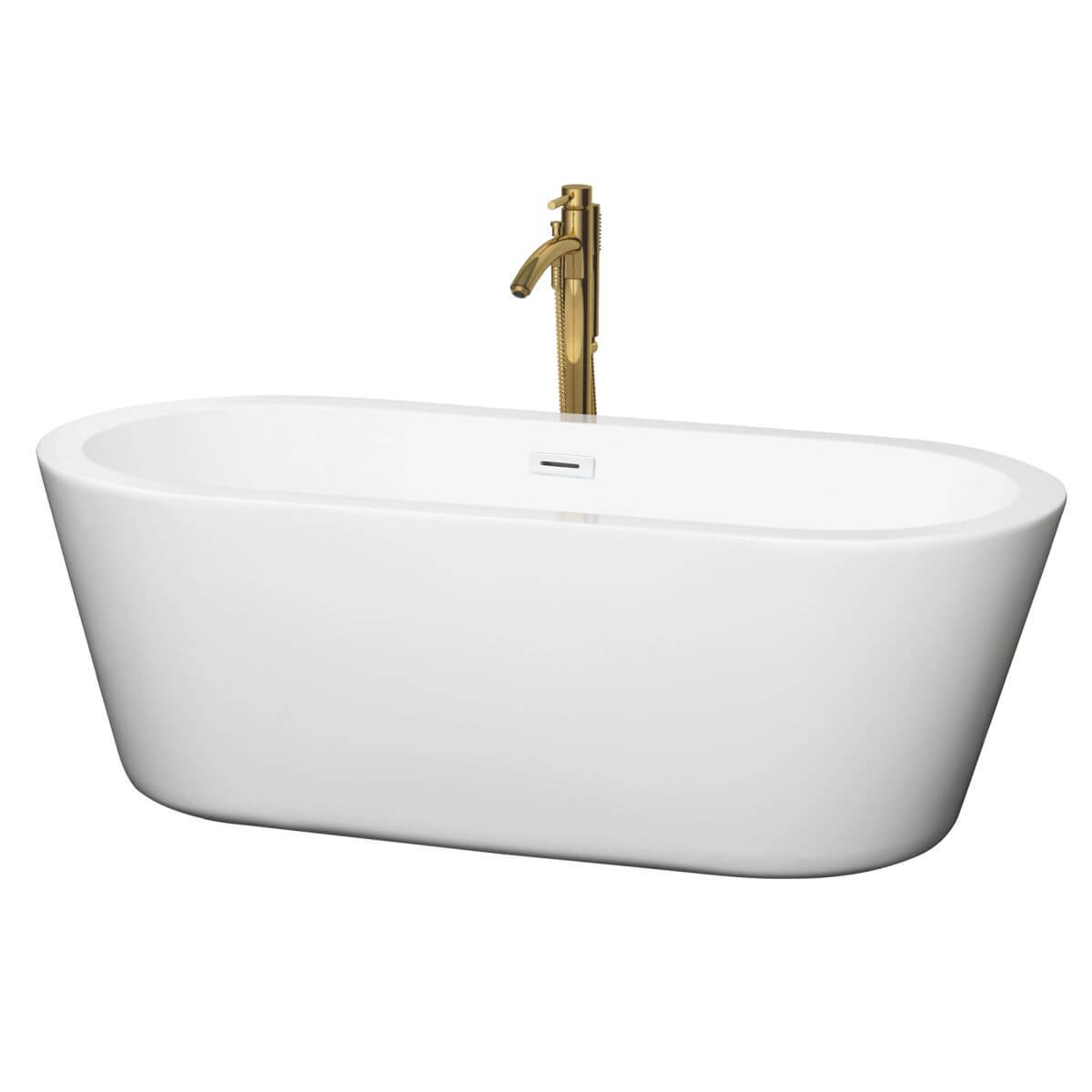 Wyndham Collection Mermaid 67 inch Freestanding Bathtub in White with Shiny White Trim and Floor Mounted Faucet in Brushed Gold - WCOBT100367SWATPGD