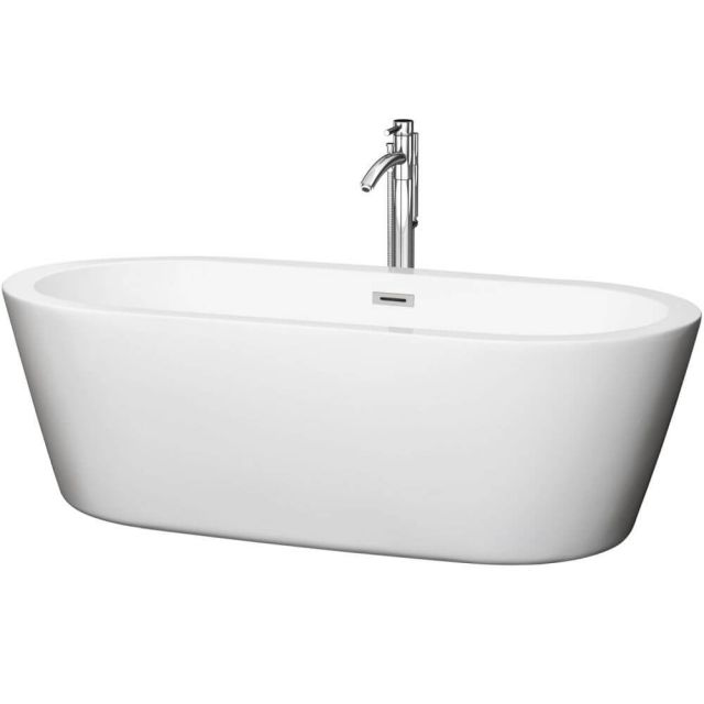 Wyndham Collection Mermaid 71 Inch Center Drain Soaking Tub In White with Floor Mounted Faucet In Chrome - WCOBT100371ATP11PC