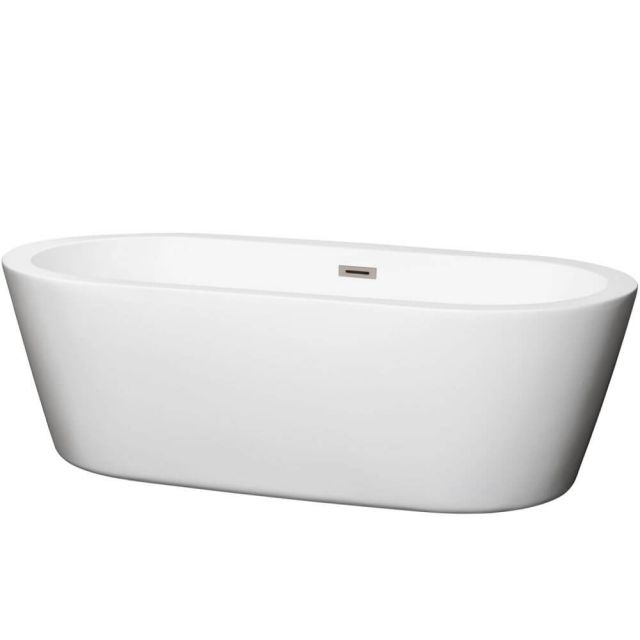 Wyndham Collection Mermaid 71 Inch Center Drain Soaking Tub In White with Brushed Nickel Drain - WCOBT100371BNTRIM
