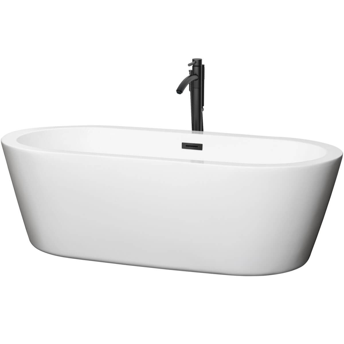 Wyndham Collection Mermaid 71 inch Freestanding Bathtub in White with Floor Mounted Faucet, Drain and Overflow Trim in Matte Black - WCOBT100371MBATPBK
