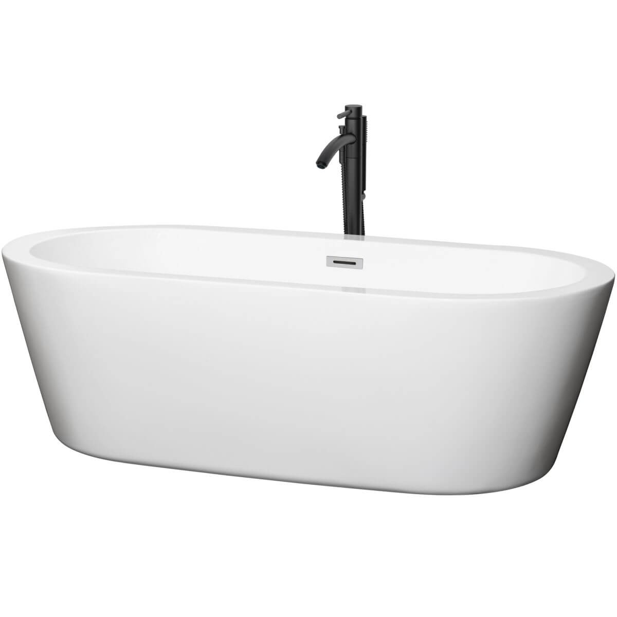 Wyndham Collection Mermaid 71 inch Freestanding Bathtub in White with Polished Chrome Trim and Floor Mounted Faucet in Matte Black - WCOBT100371PCATPBK