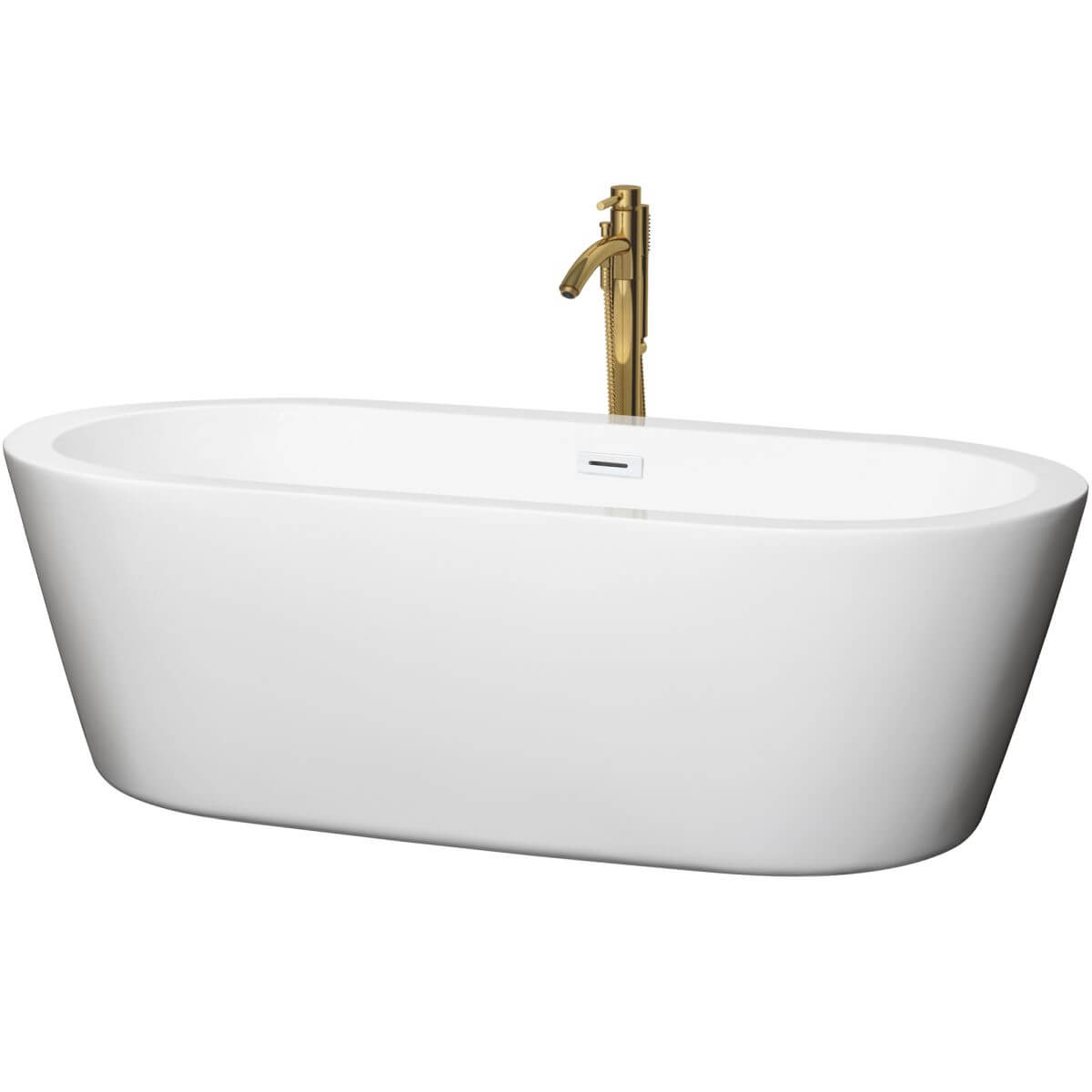 Wyndham Collection Mermaid 71 inch Freestanding Bathtub in White with Shiny White Trim and Floor Mounted Faucet in Brushed Gold - WCOBT100371SWATPGD