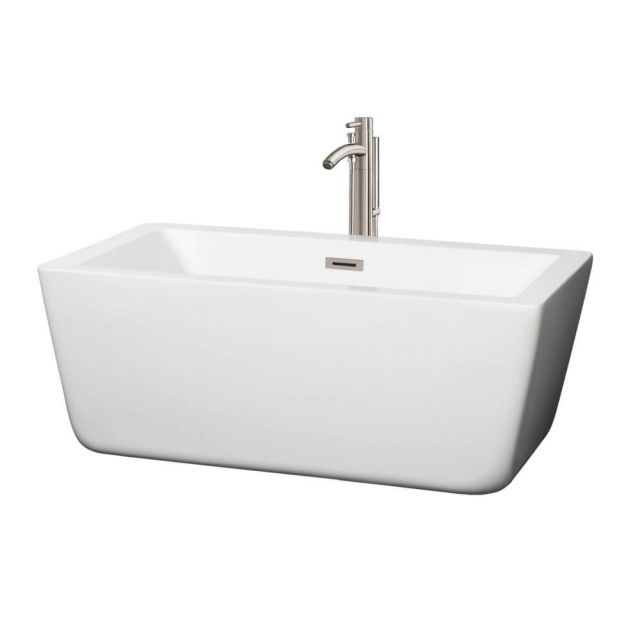 Wyndham Collection Laura 59 Inch Center Drain Soaking Tub In White with Floor Mounted Faucet In Brushed Nickel - WCOBT100559ATP11BN
